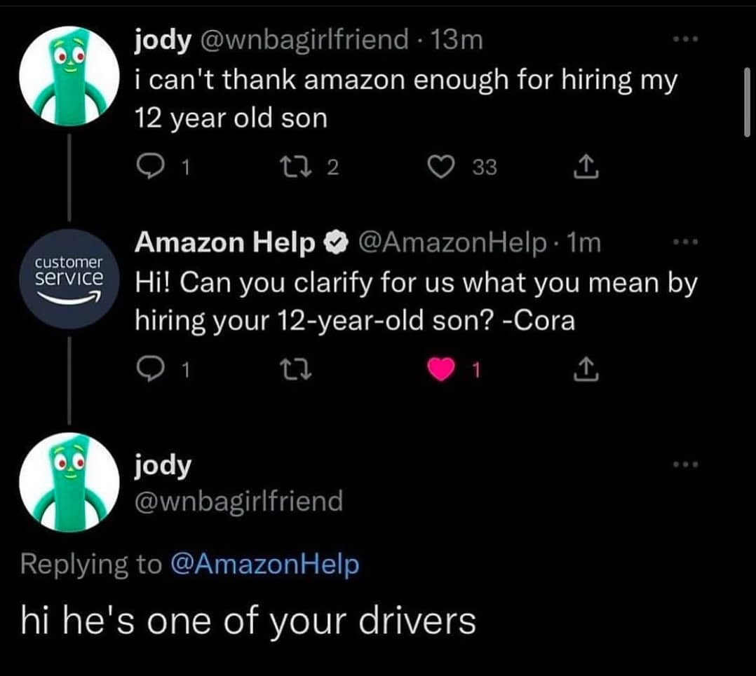 Tweet exchange where someone claims Amazon hired their 12-year-old son as a delivery driver causing support panic in a hilarious meme.