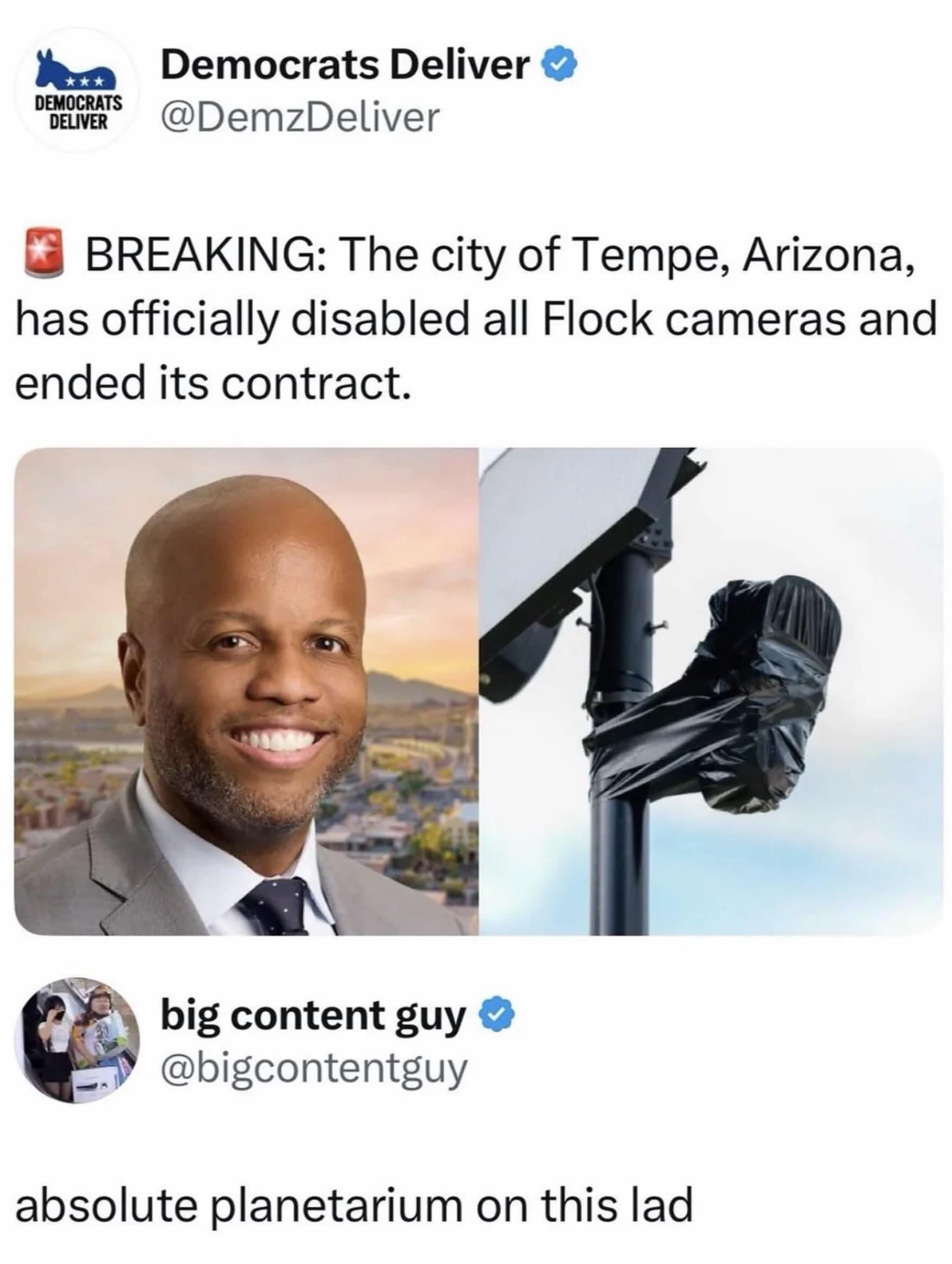 News post about Tempe disabling surveillance cameras, ruined by a viral comment roasting the mayor's remarkably round bald head.