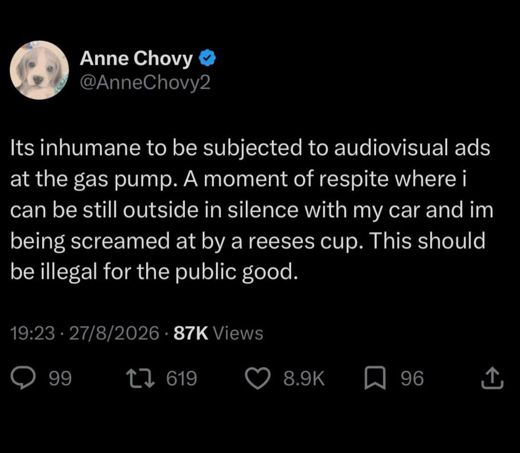 Dark mode tweet protesting noisy video advertisements playing at gas station pumps as an invasion of public peace in a funny meme.