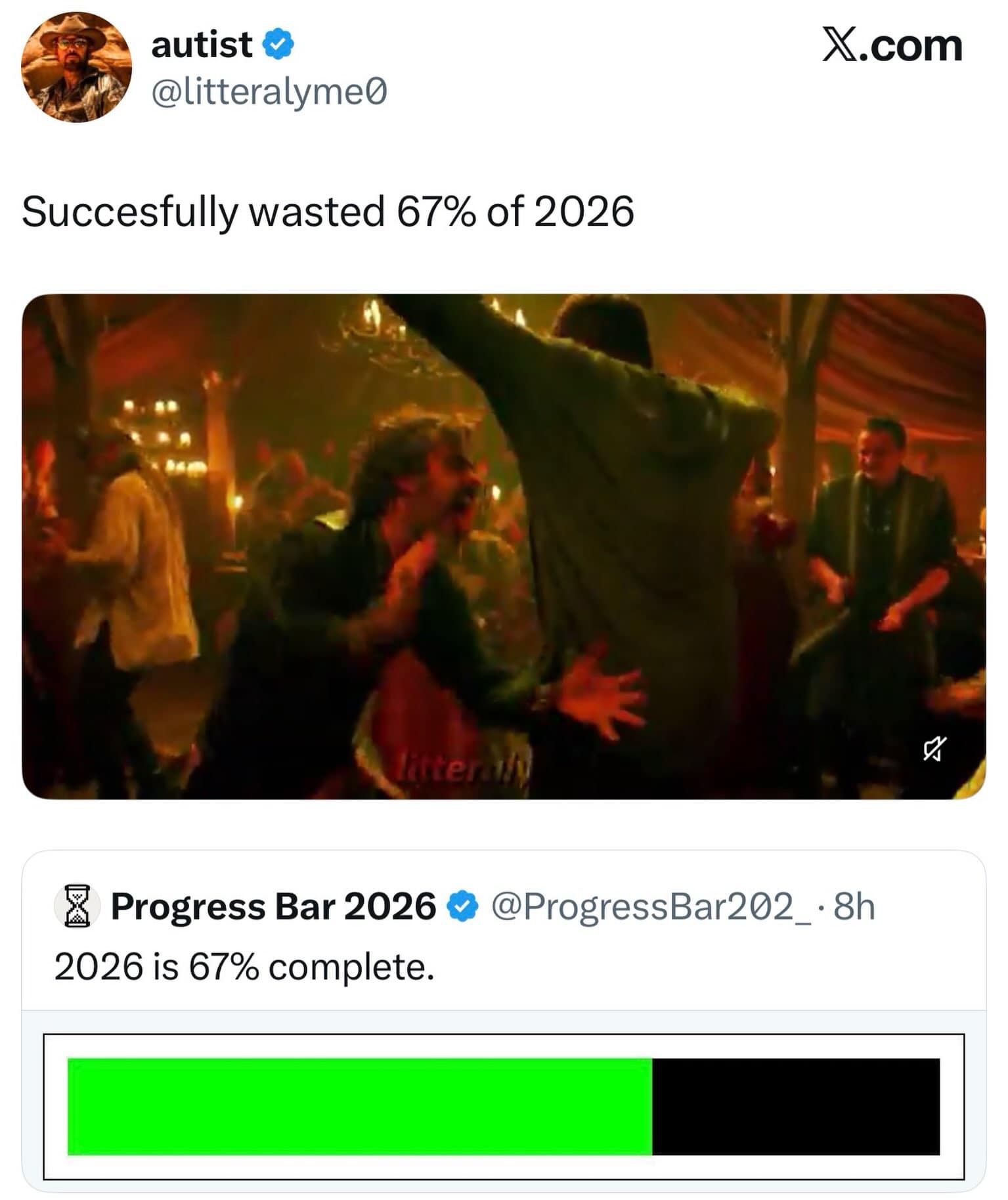 Social media post showing a 2026 progress bar at 67 percent paired with a celebratory dancing clip celebrating successfully wasting two-thirds of the year in a meme dump.