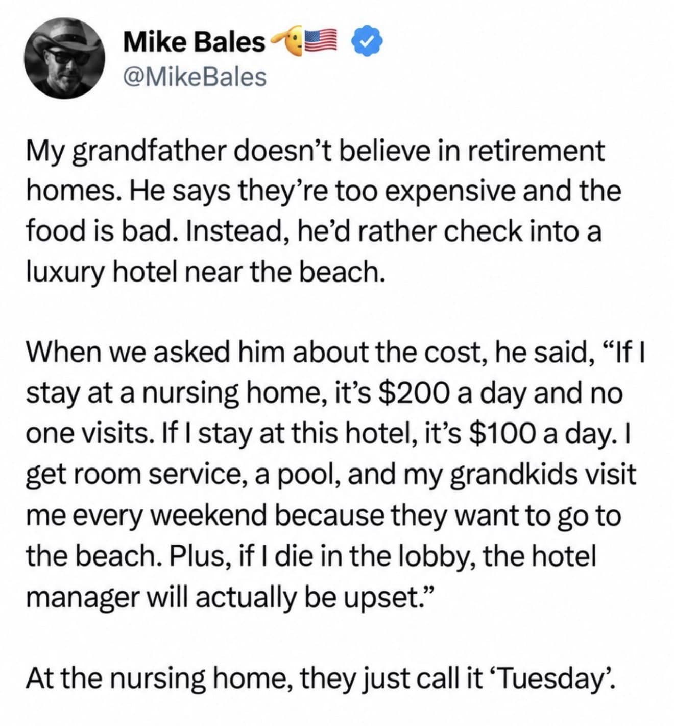 Viral tweet detailing a grandfather's economic breakdown of retiring to a beach resort over a nursing home in a meme dump.