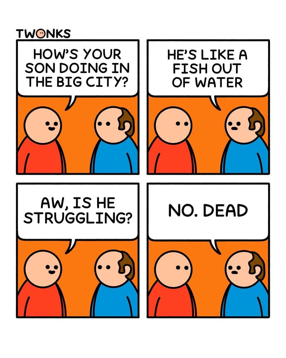 Four-panel webcomic by Twonks featuring a dark punchline about a son being 'like a fish out of water' because he's dead in a funny meme.