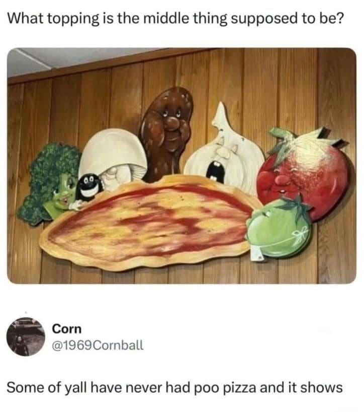 Pizza wall art with cartoon toppings and one suspicious brown character in this meme dump.