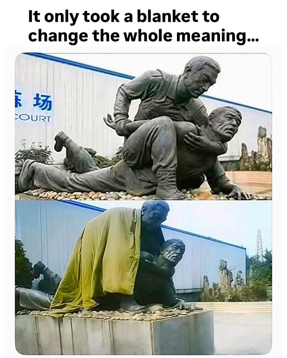 Soldier statue that looks completely different after a yellow blanket gets draped over it.