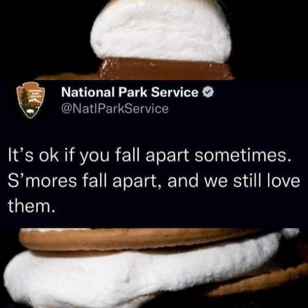 National Park Service tweet saying it is okay to fall apart, just like s'mores do.