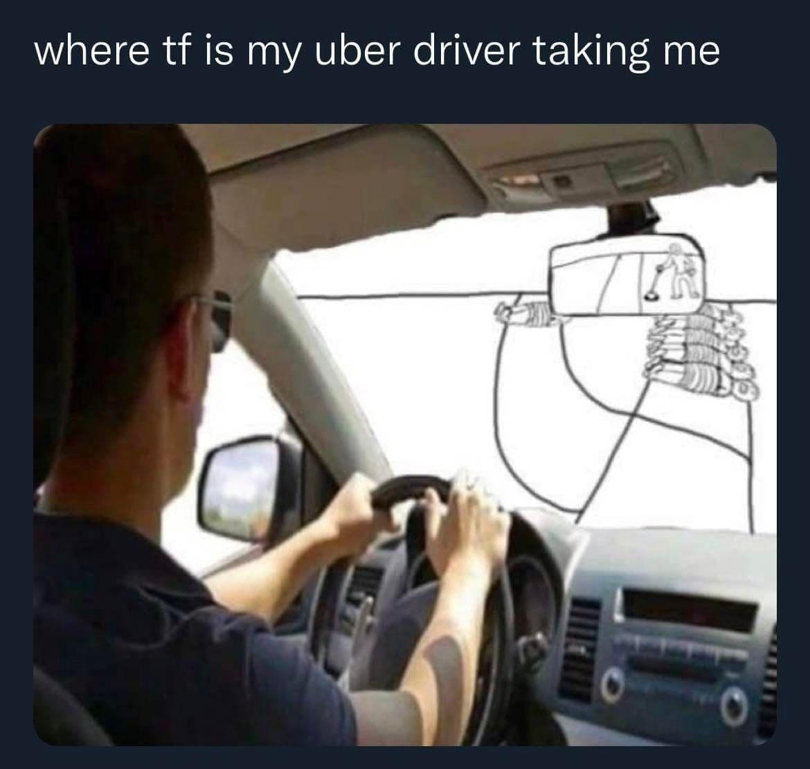 Driver steering down a badly hand drawn road, captioned as a worried Uber passenger.