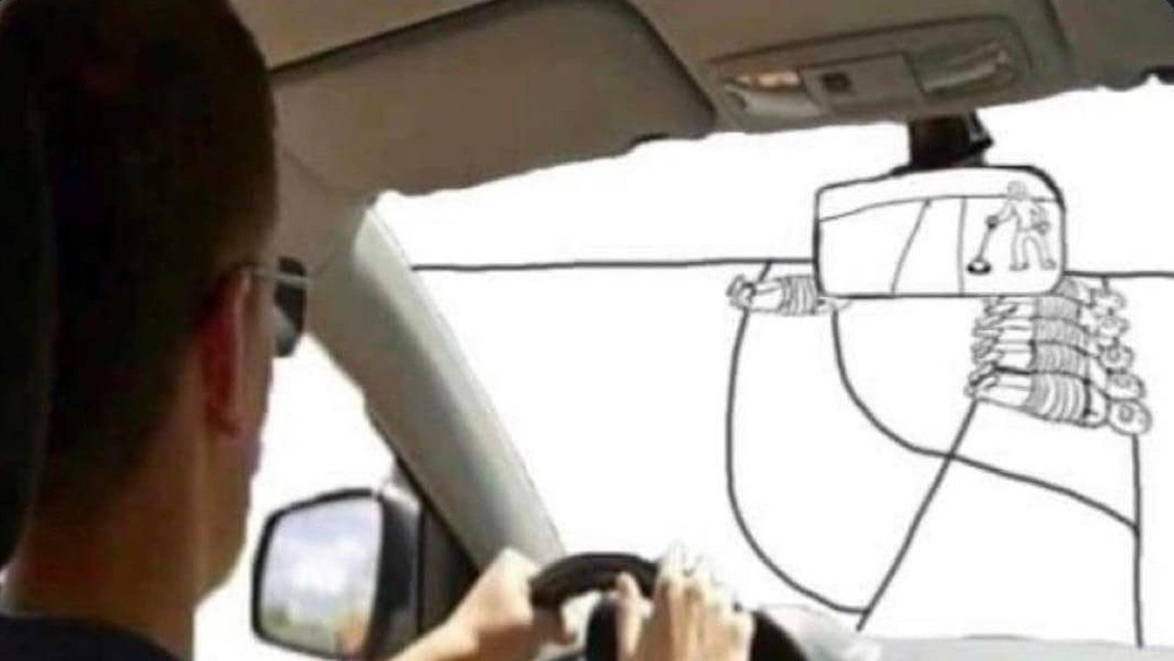 Driver gripping the wheel on a crude hand drawn road, the closing joke of this Saturday meme dump.