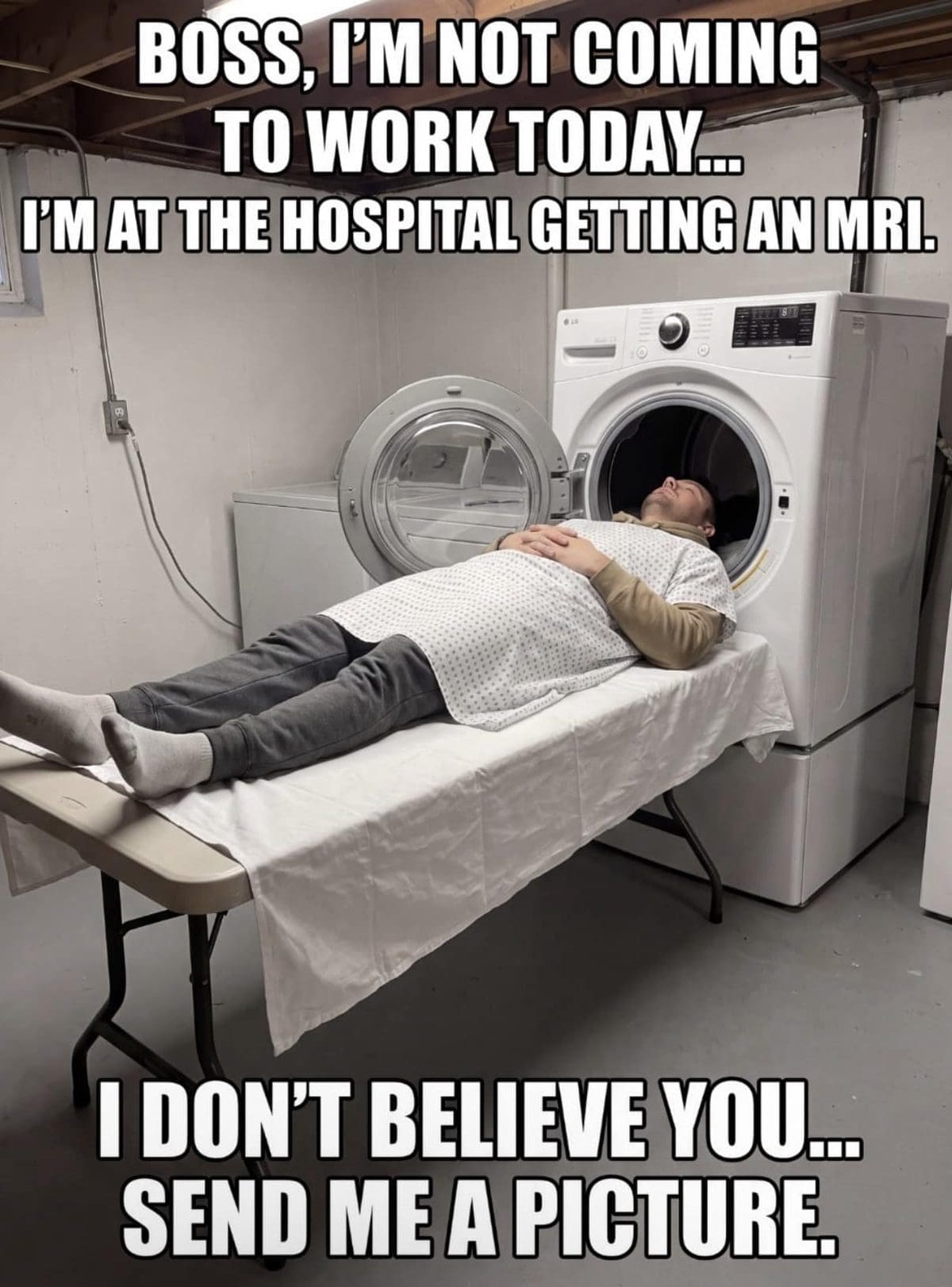 Man on a table inside a washing machine faking an MRI in this meme dump.