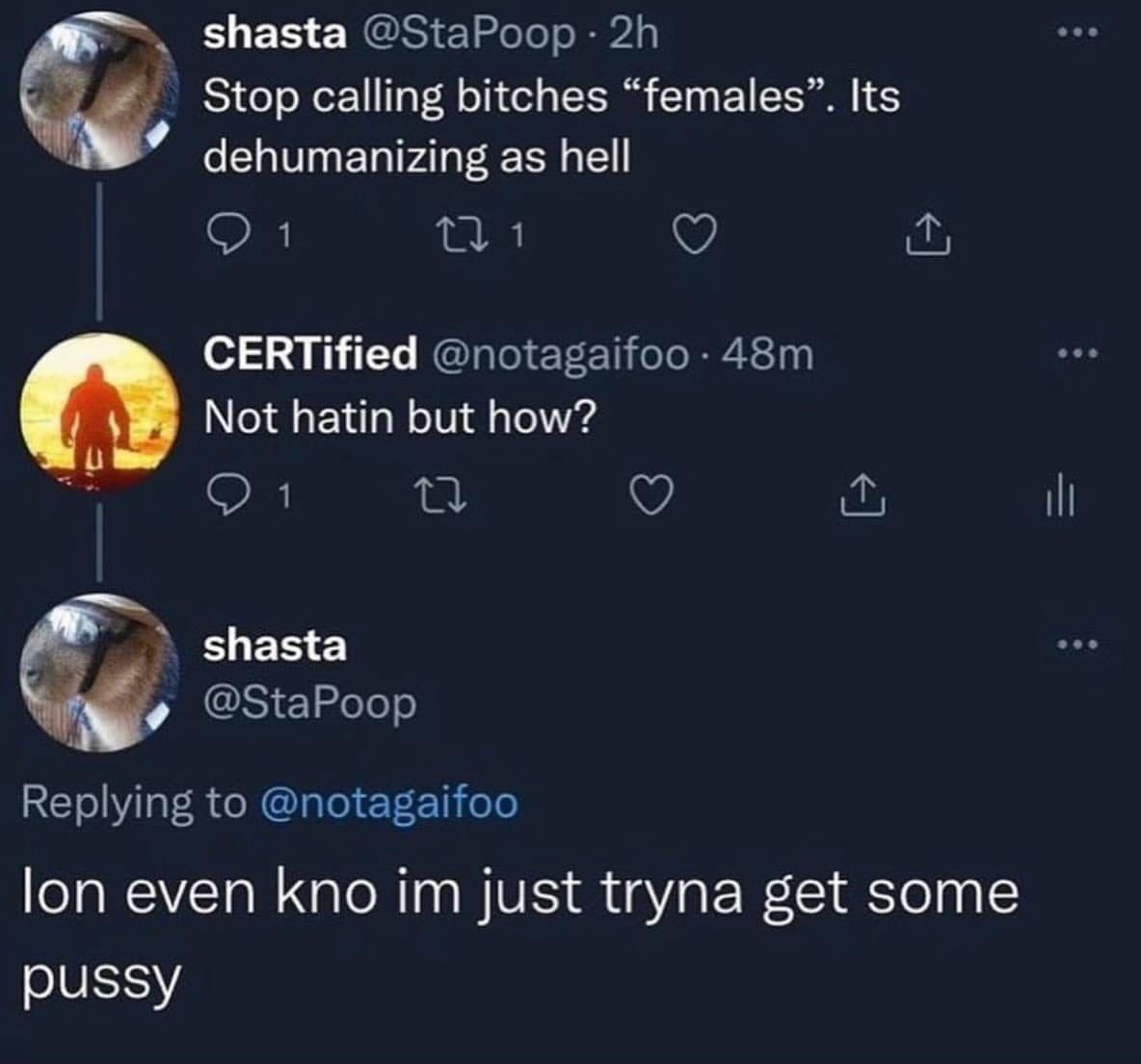 Tweet thread where a lecture about calling women females ends with a crude reveal.