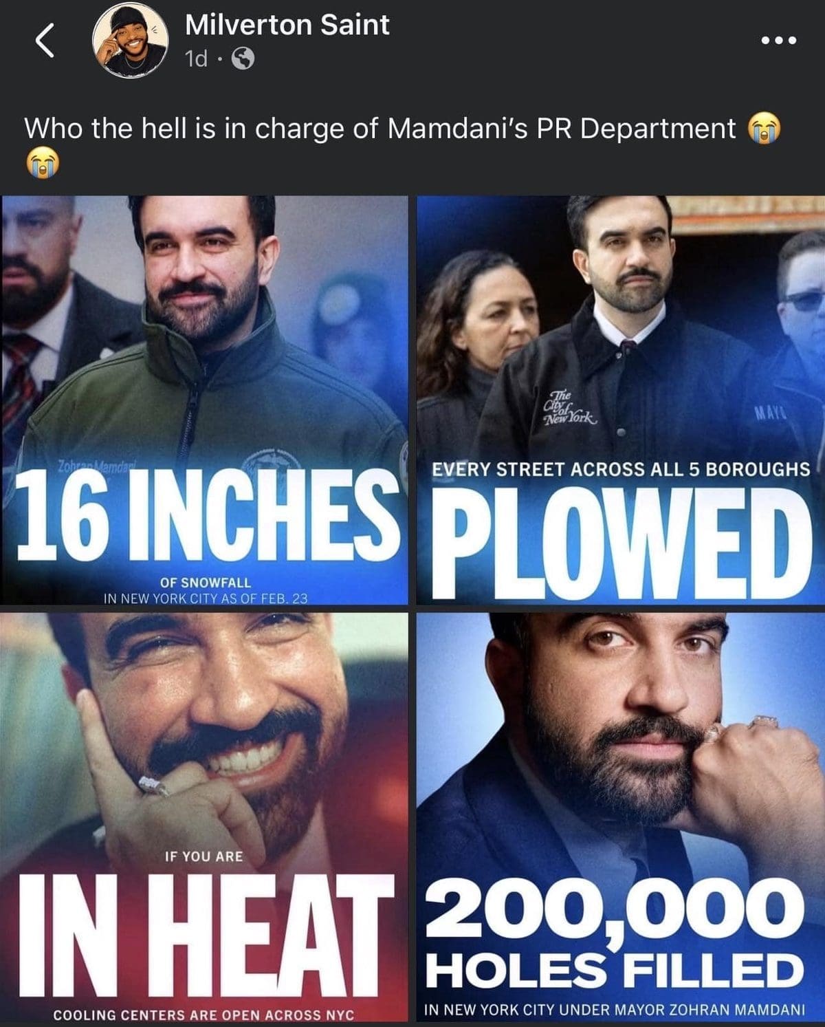 Facebook post mocking the headline fonts on New York City mayor Zohran Mamdani's graphics.