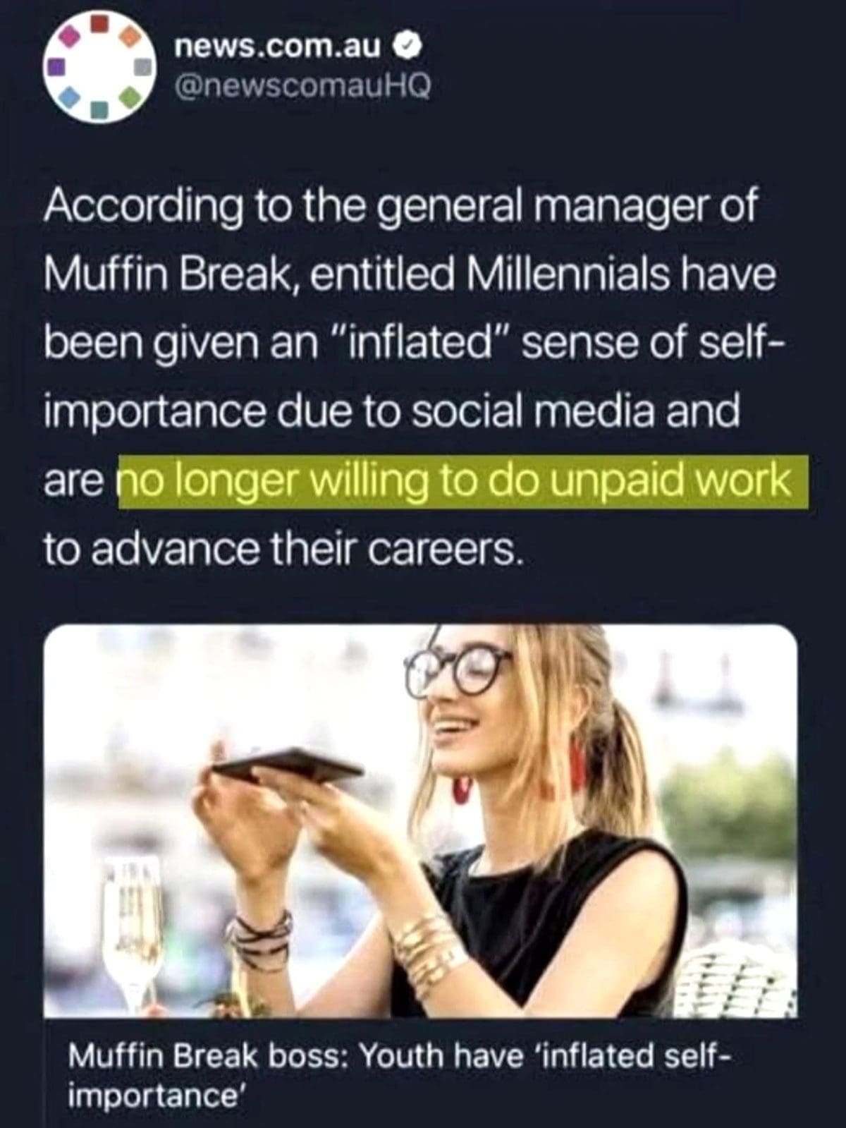 News tweet about a Muffin Break boss saying millennials refuse unpaid work.