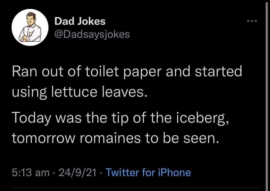 Dad joke tweet about using lettuce as toilet paper and romaines to be seen.