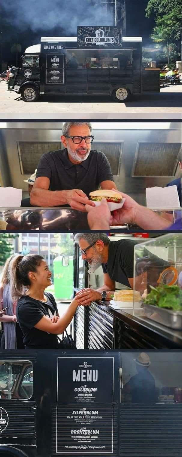 Jeff Goldblum serving sandwiches from a Chef Goldblum's food truck, in this meme dump.
