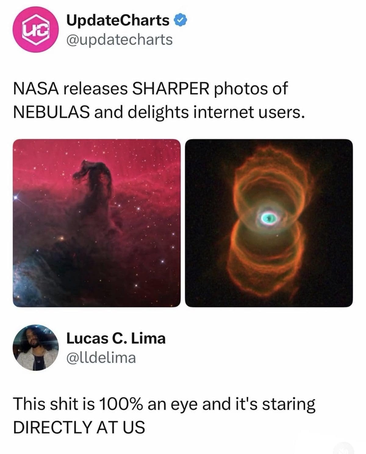 NASA nebula photos, with one reply insisting the hourglass nebula is an eye staring back.