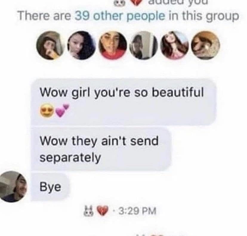 Group text compliment to 39 people, called out for not being sent separately.