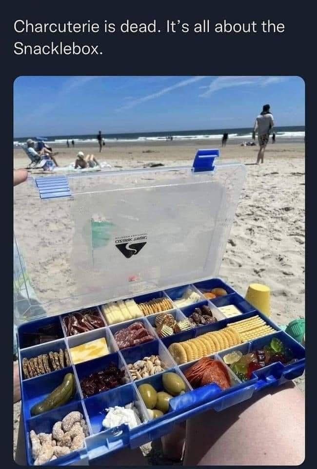 Tackle box packed with cheese, crackers, olives and candy at the beach, called a snacklebox.
