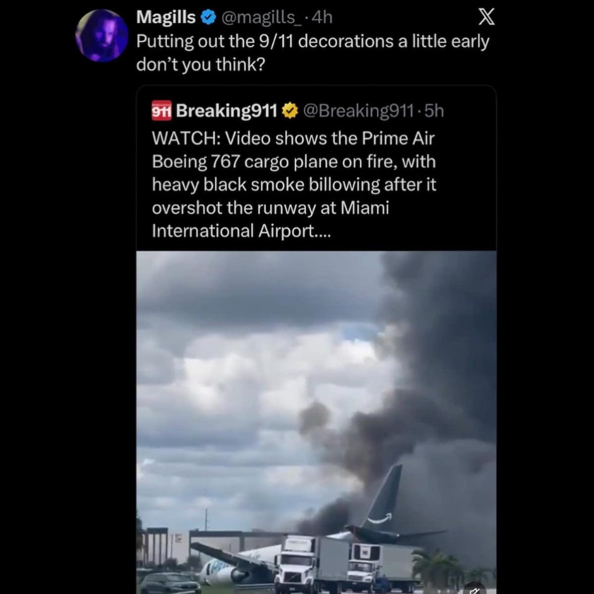Tweet making a dark joke about a burning cargo plane that overshot a Miami runway.
