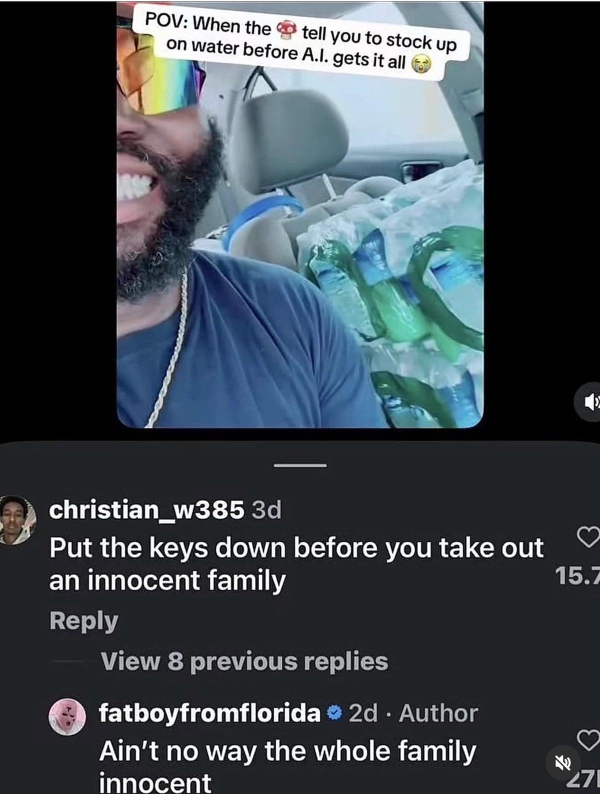 Man with a car full of bottled water and a dark comment about hoarding it.
