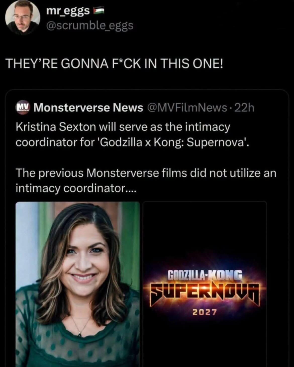 Tweet reacting to news that Godzilla x Kong: Supernova has an intimacy coordinator.