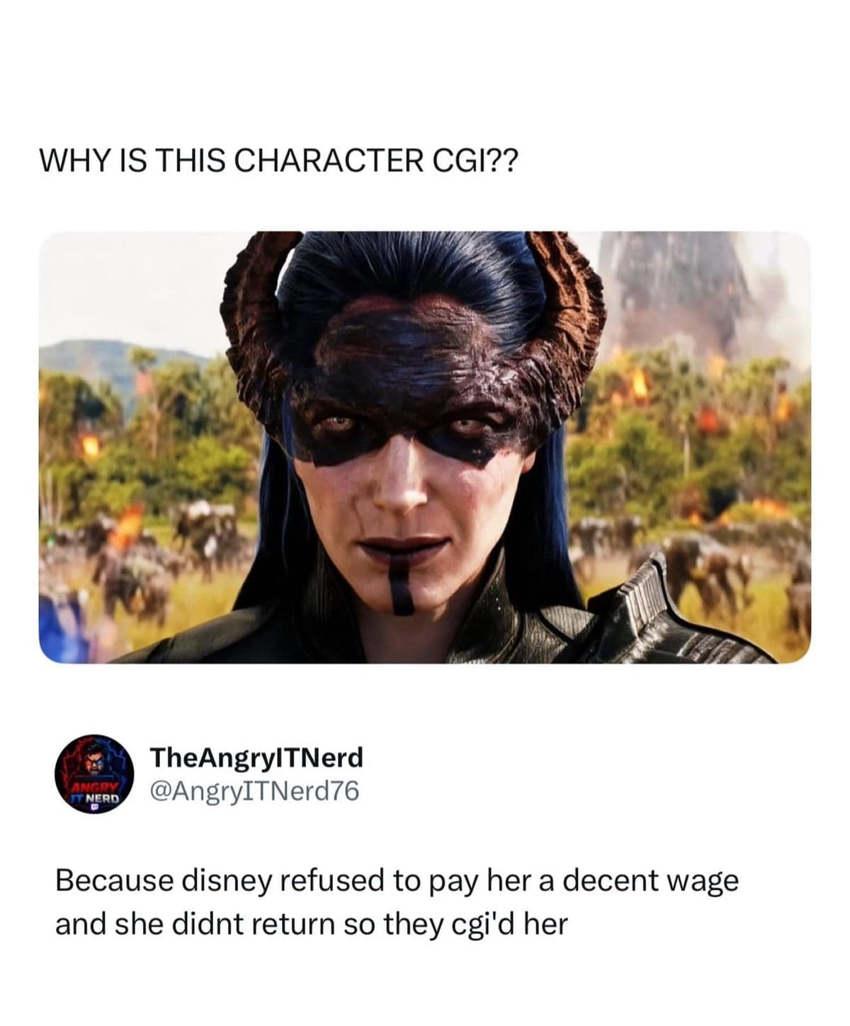 Tweet joking that a Marvel villain went CGI because Disney refused to pay her.