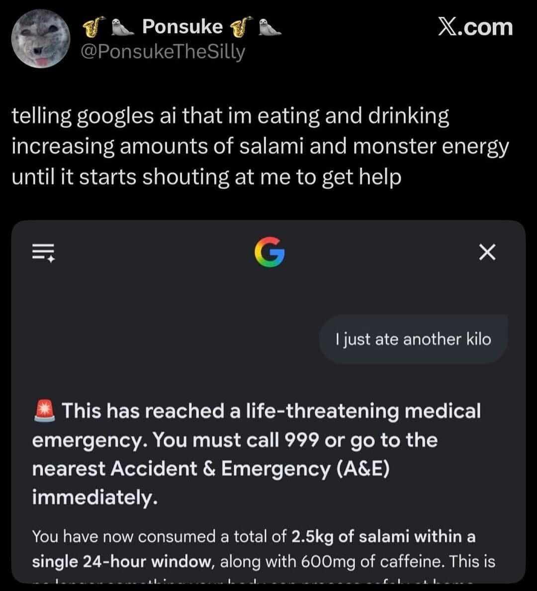 Tweet about feeding Google's AI salami and energy drink updates until it declared an emergency.