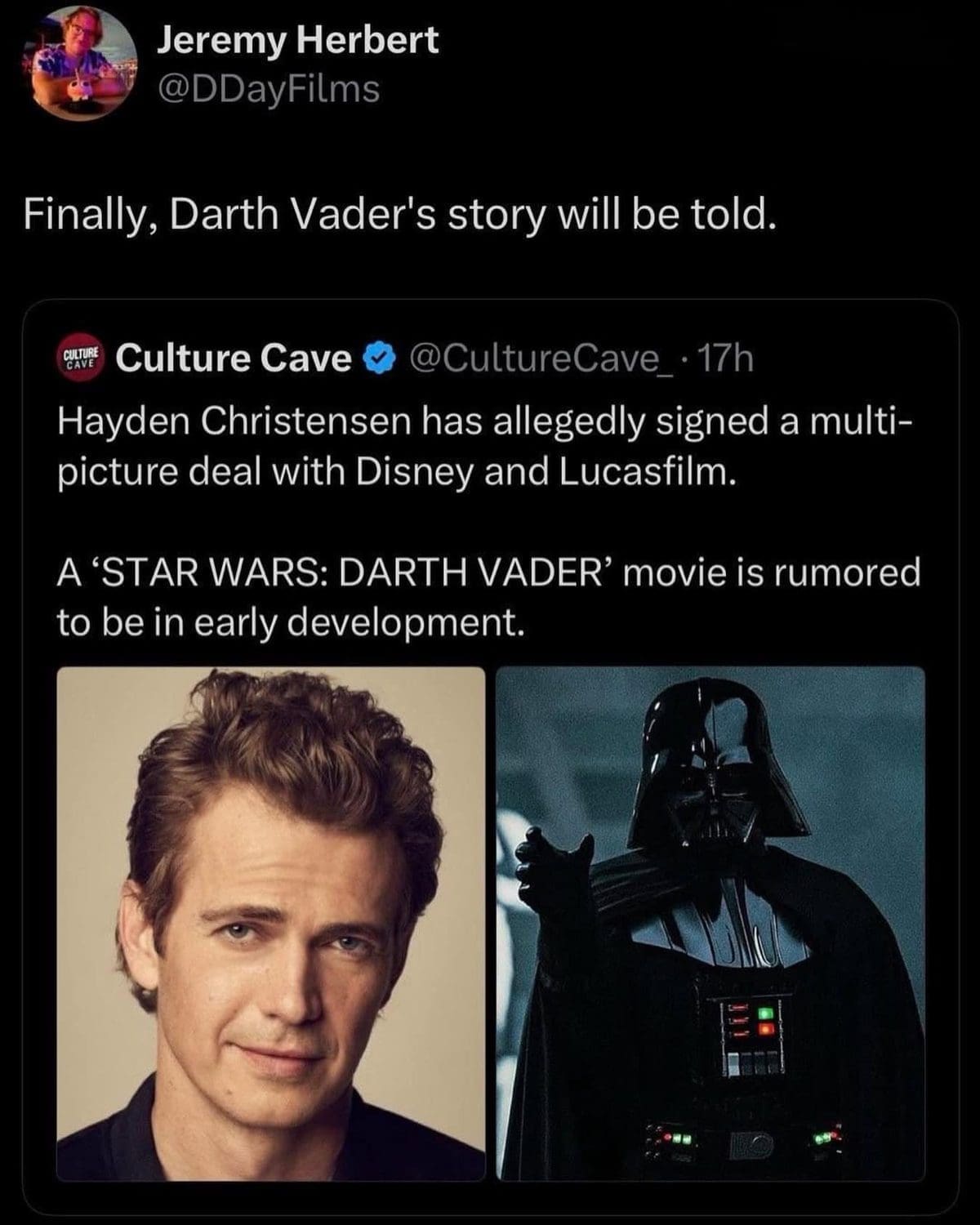 Tweet joking about a rumored Darth Vader movie starring Hayden Christensen.