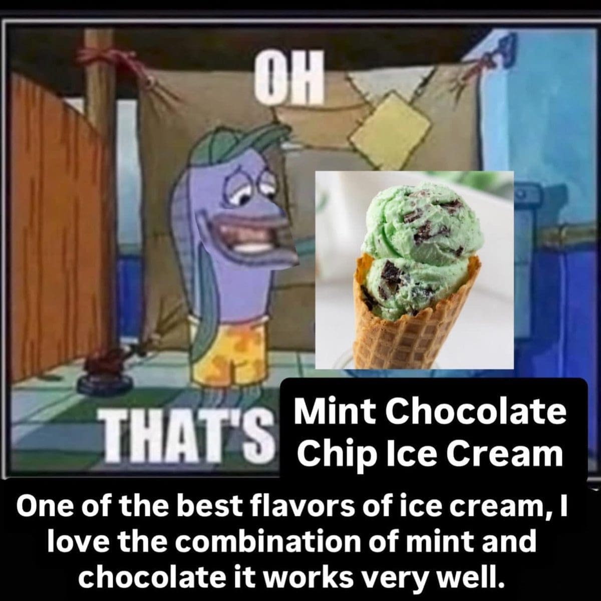 Meme dump SpongeBob fish announcing mint chocolate chip ice cream as a great flavor.