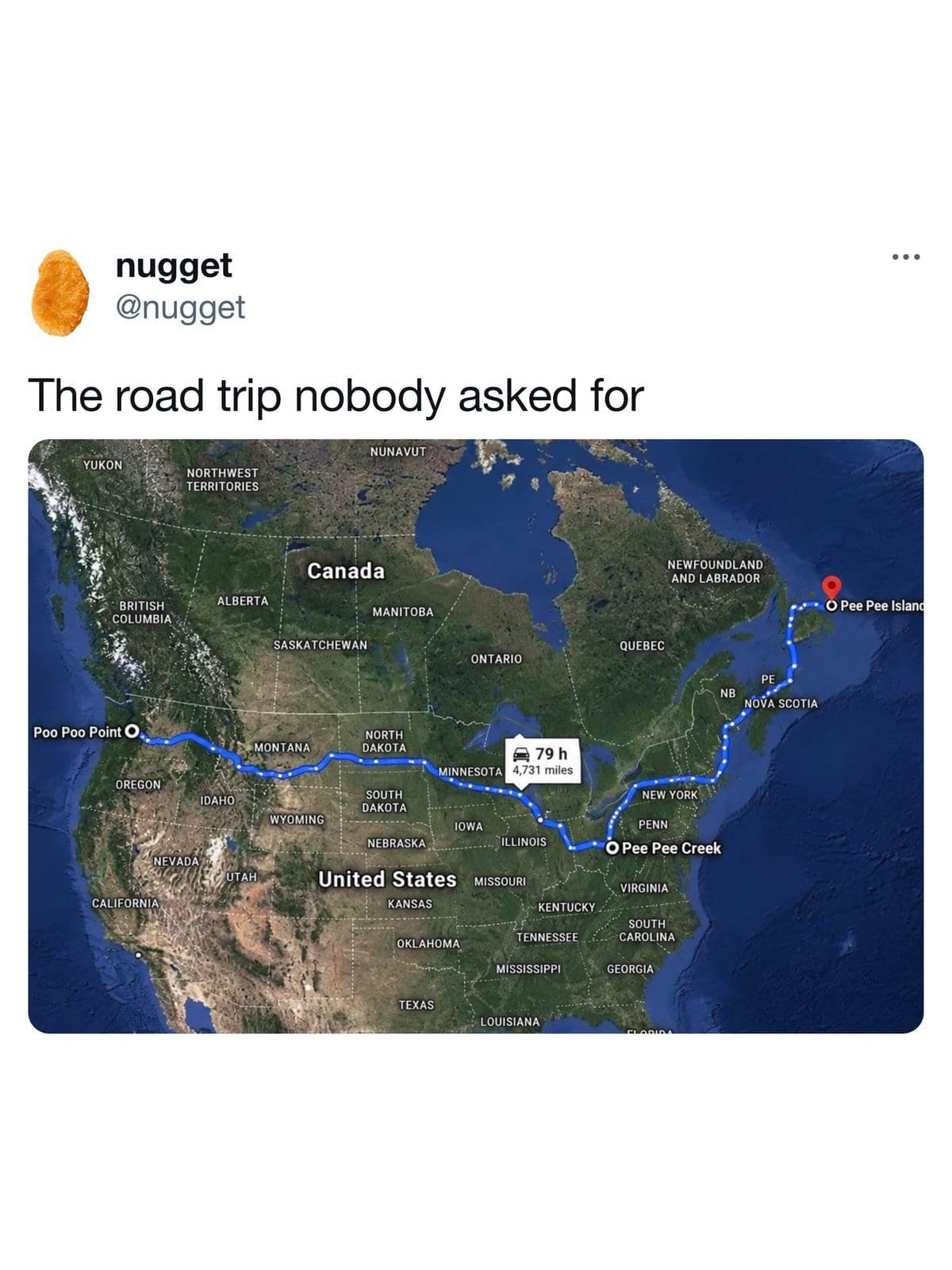 Meme dump map of a road trip from Poo Poo Point to Pee Pee Island.