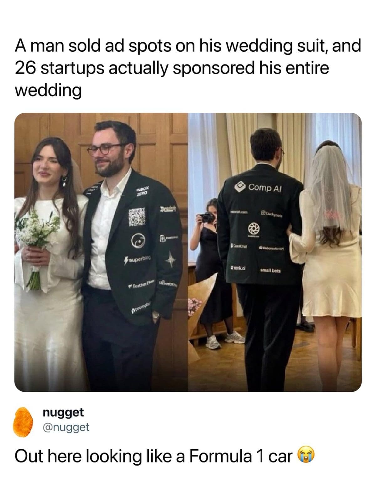 Groom in a suit covered with startup sponsor logos, a meme dump wedding highlight.