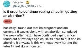 Reddit post screenshot where a user asks a question about vaping during an early pregnancy.