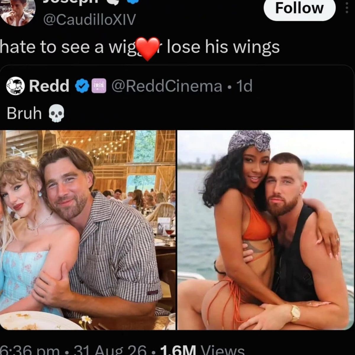 Quote tweet reacting to two celebrity couple photos with a partially covered offensive word.