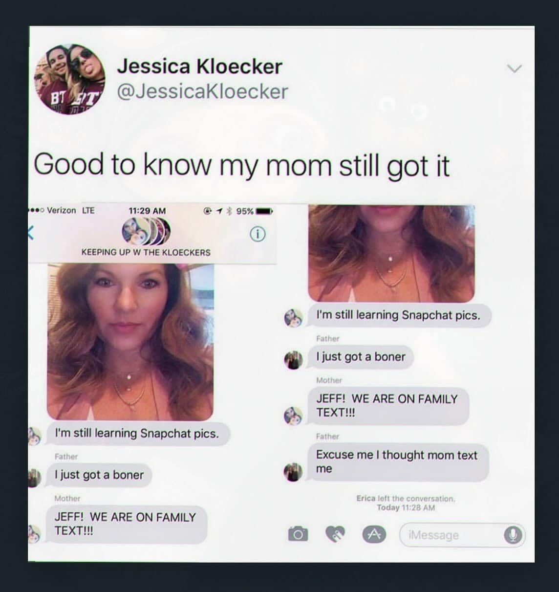 Family group text where a dad's reply to a mom's selfie goes very wrong.