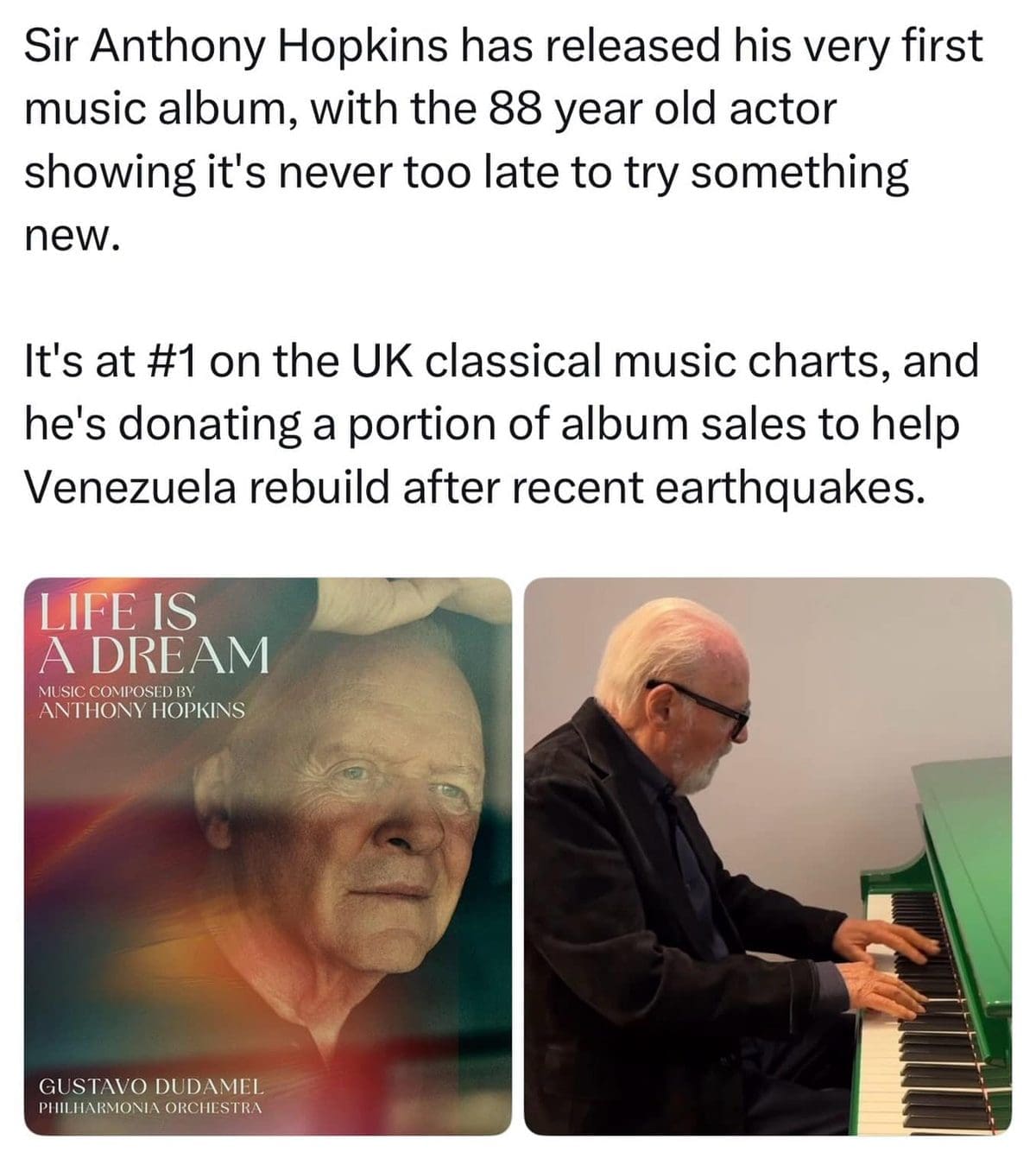 Anthony Hopkins at the piano with his debut album cover, shared in a meme dump.