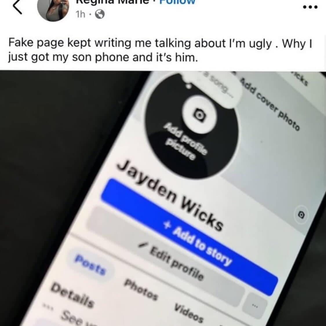Facebook post from a mom who discovered the fake page insulting her was her son.