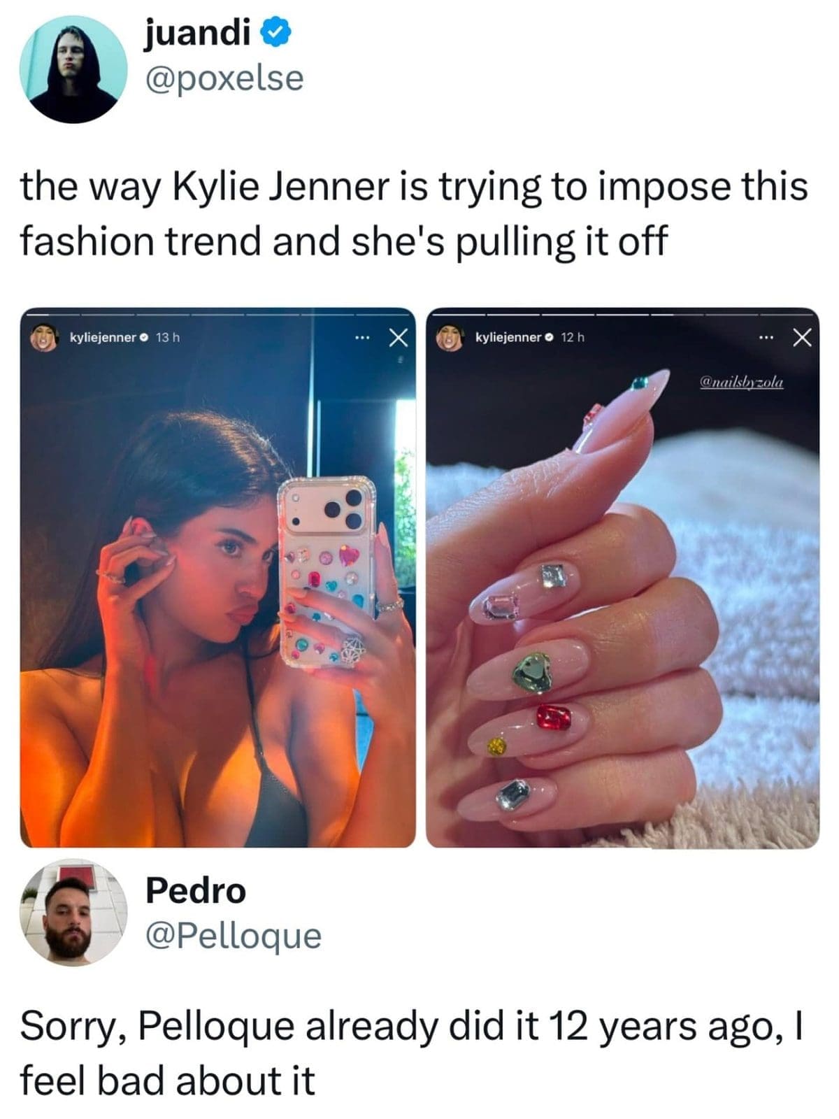 Kylie Jenner jeweled nails tweet with a reply claiming credit, a meme dump favorite.