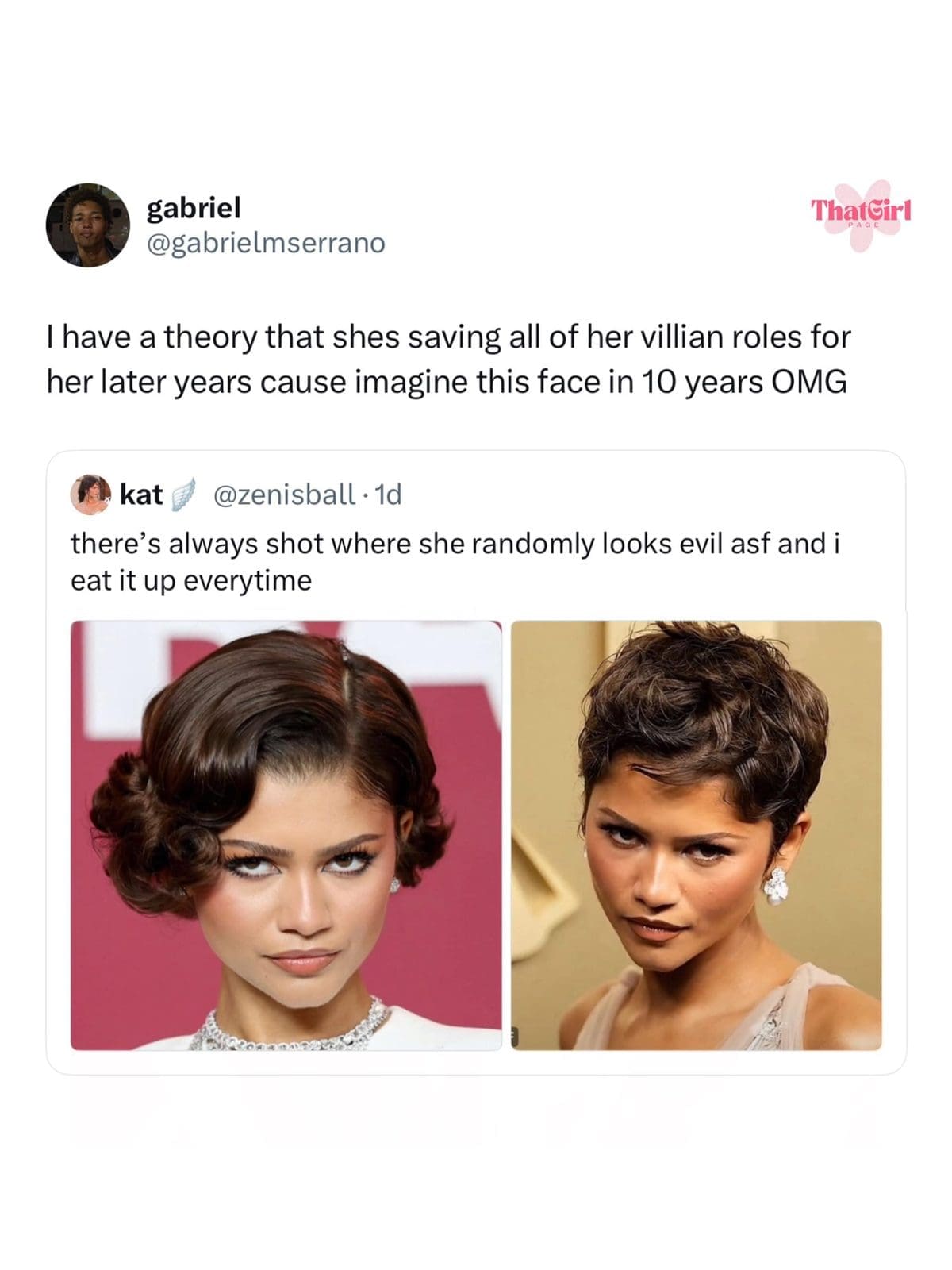 Tweet theorizing about future villain roles beside two intense red carpet photos of Zendaya.