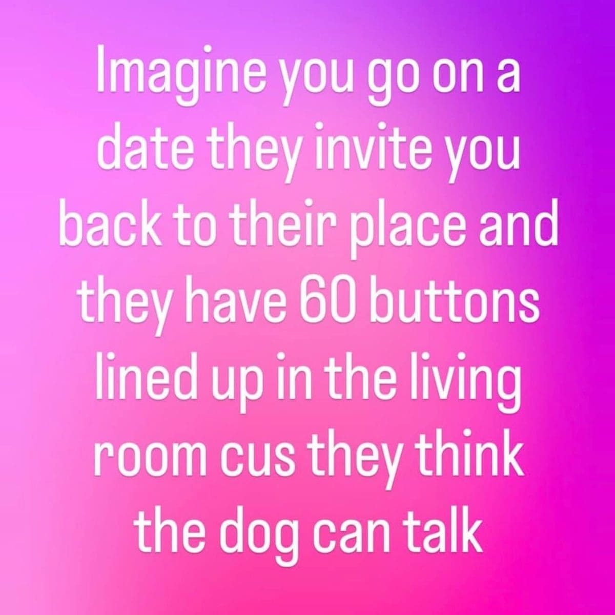 Pink gradient meme dump post about a date's apartment full of dog talking buttons.