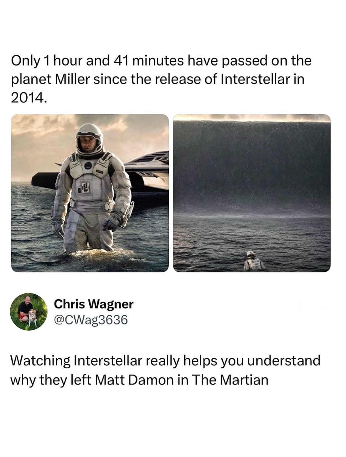 Interstellar water planet stills with a tweet joking about why Matt Damon was left behind.