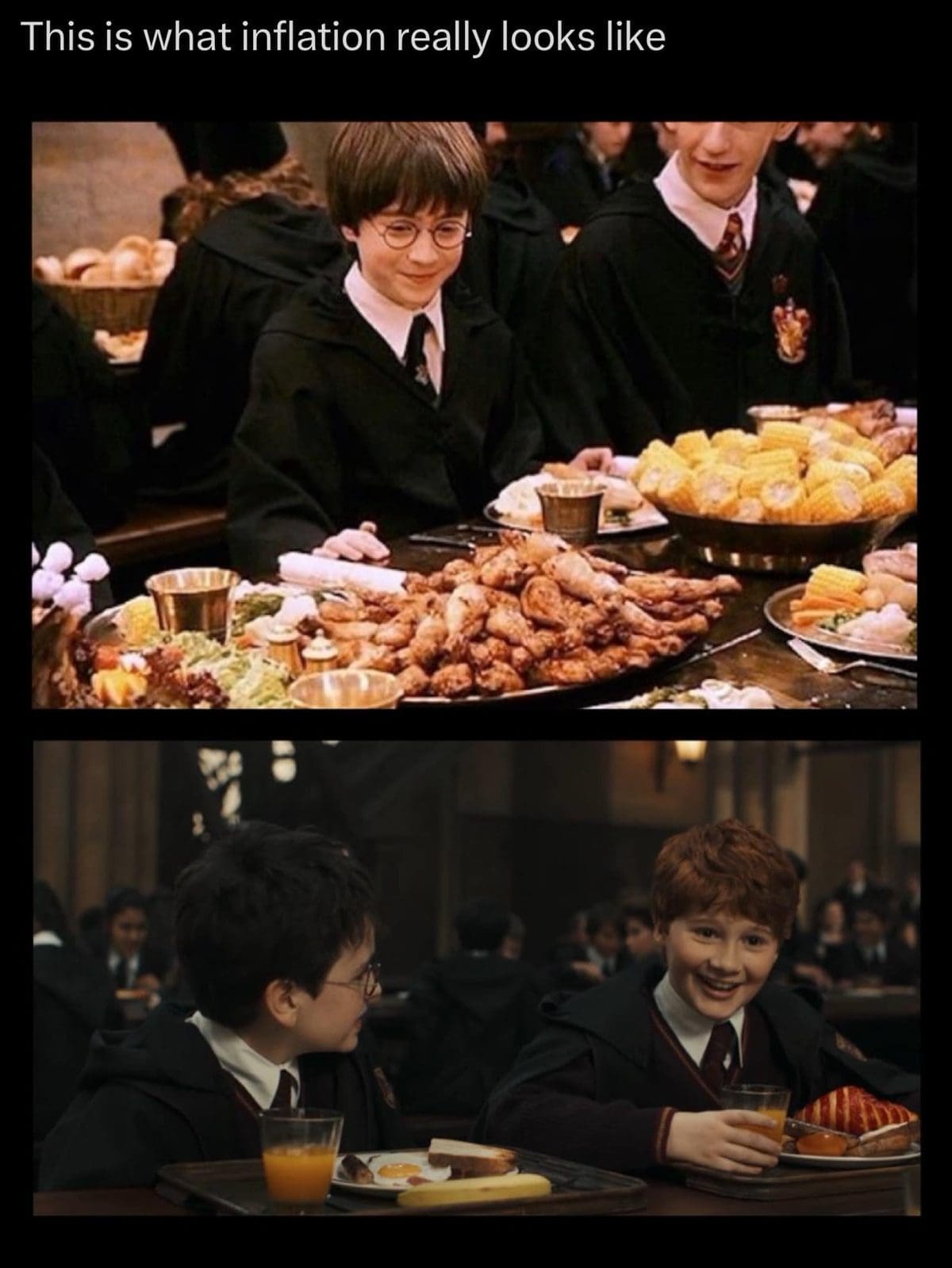Harry Potter feast next to a sad breakfast tray, labeled inflation in this meme dump.