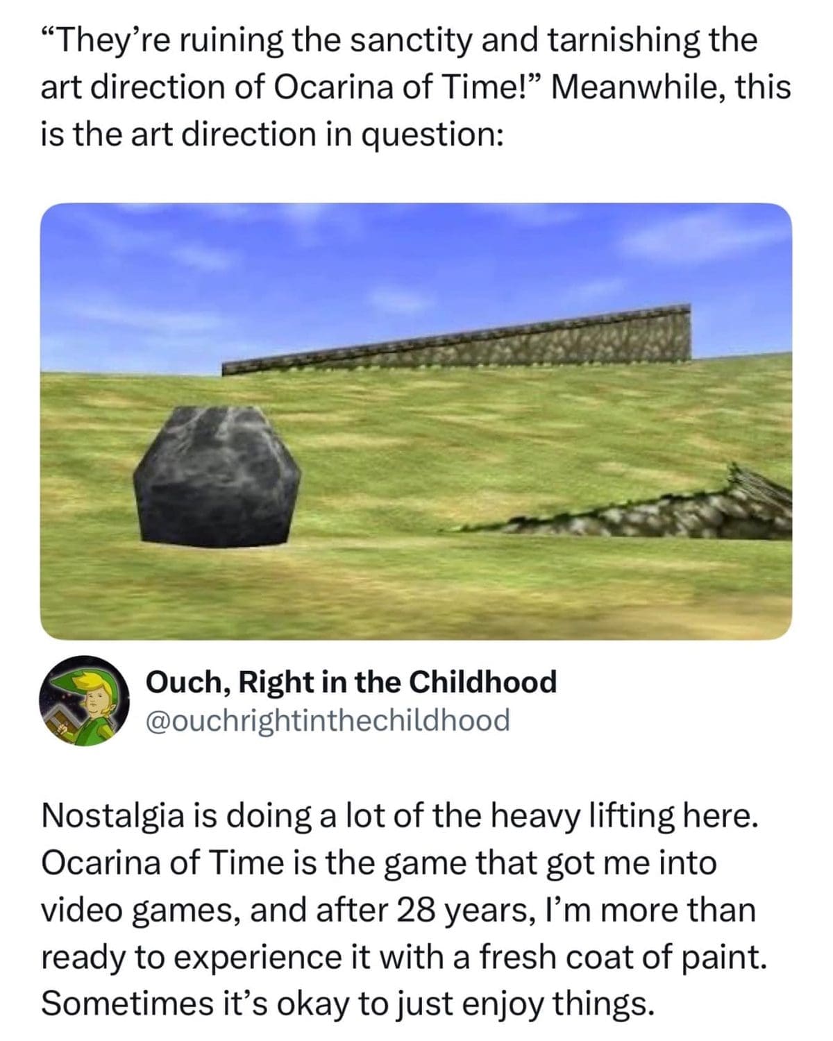 Blocky Ocarina of Time boulder and wall shared as a meme dump reminder about nostalgia.