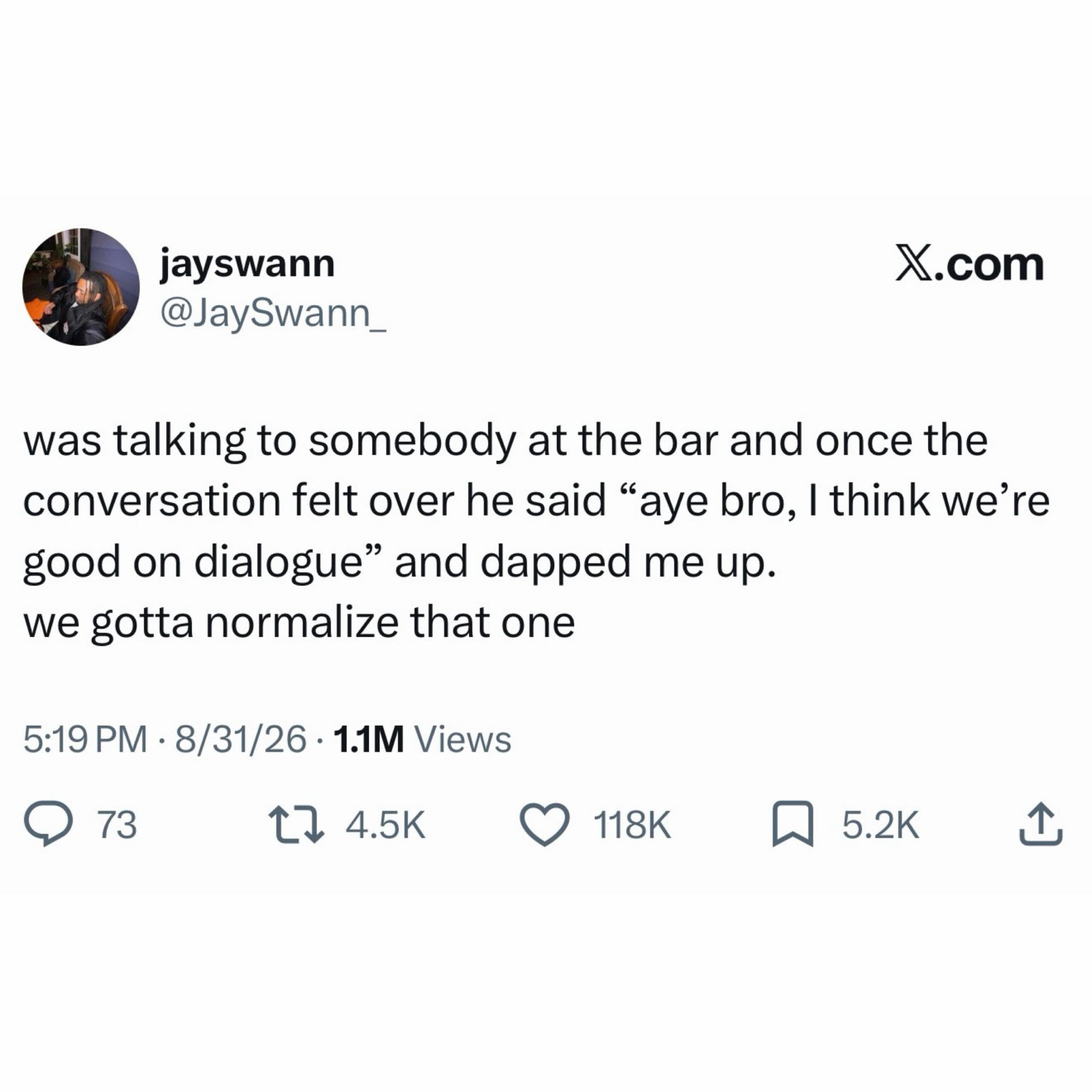 Text tweet advocating for normalizing ending bar conversations with 'I think we're good on dialogue' and a fist bump in a meme dump.