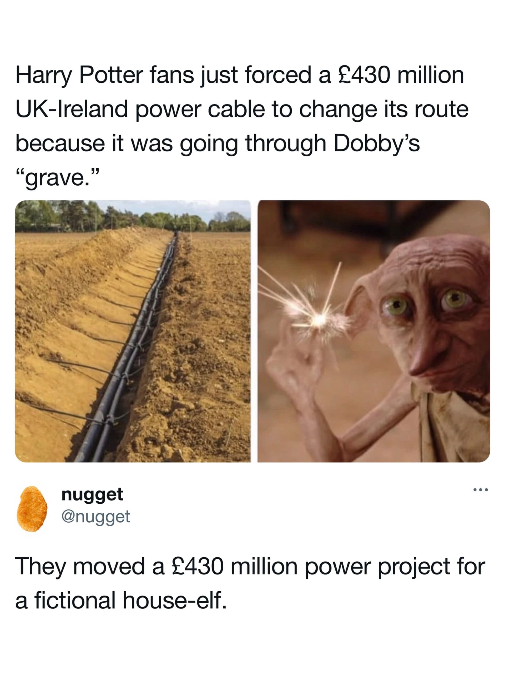 News screenshot detailing a £430 million UK-Ireland power cable reroute around Dobby's fictional beach grave in a meme dump.