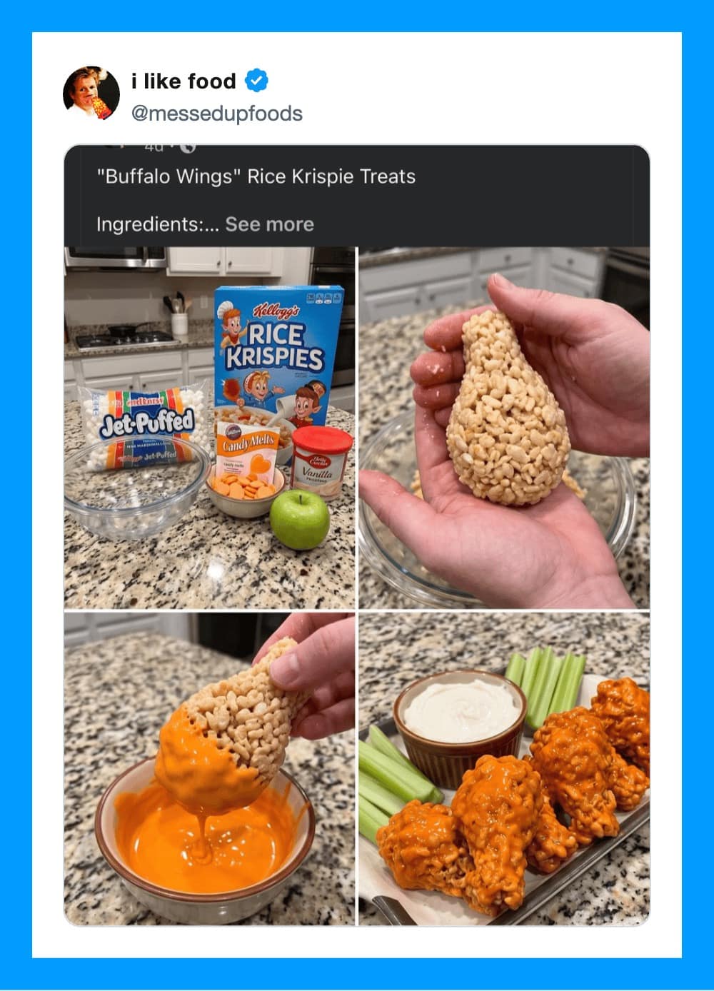 Four-panel recipe tutorial crafting Rice Krispie treats shaped and colored like spicy buffalo wings with dipping sauce in a meme dump.