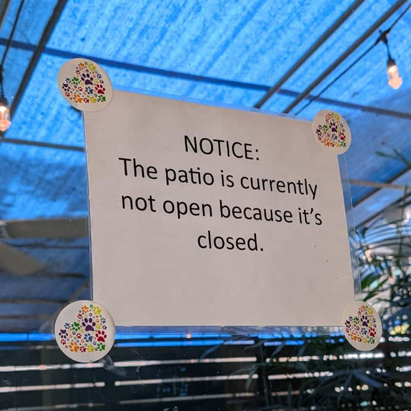 Storefront paper notice stating 'The patio is currently not open because it's closed' taped to a window in a meme dump.