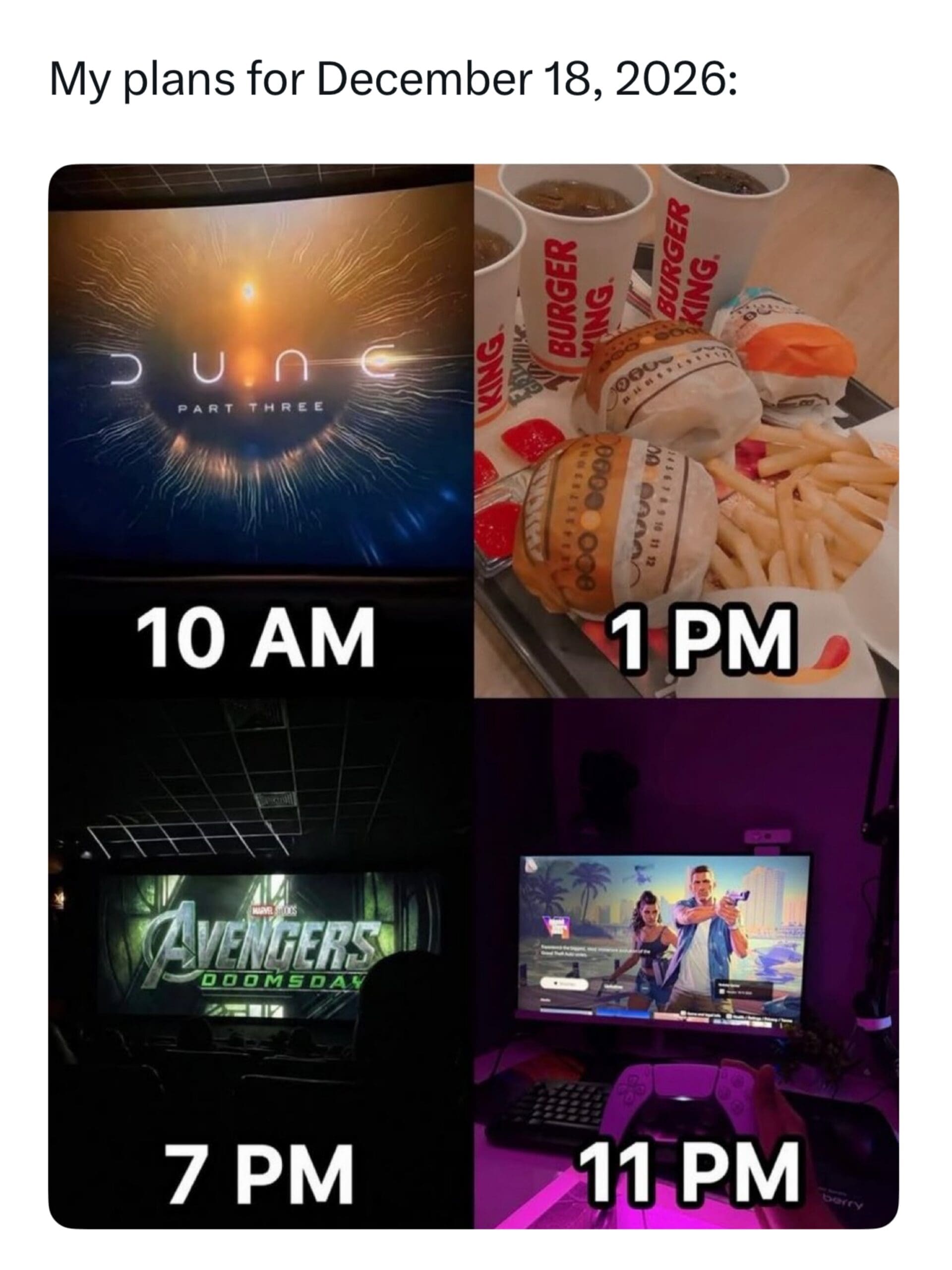 Four-panel grid outlining a packed December 18, 2026 schedule featuring Dune Part Three, Burger King feasts, Avengers Doomsday, and GTA VI in a meme dump.