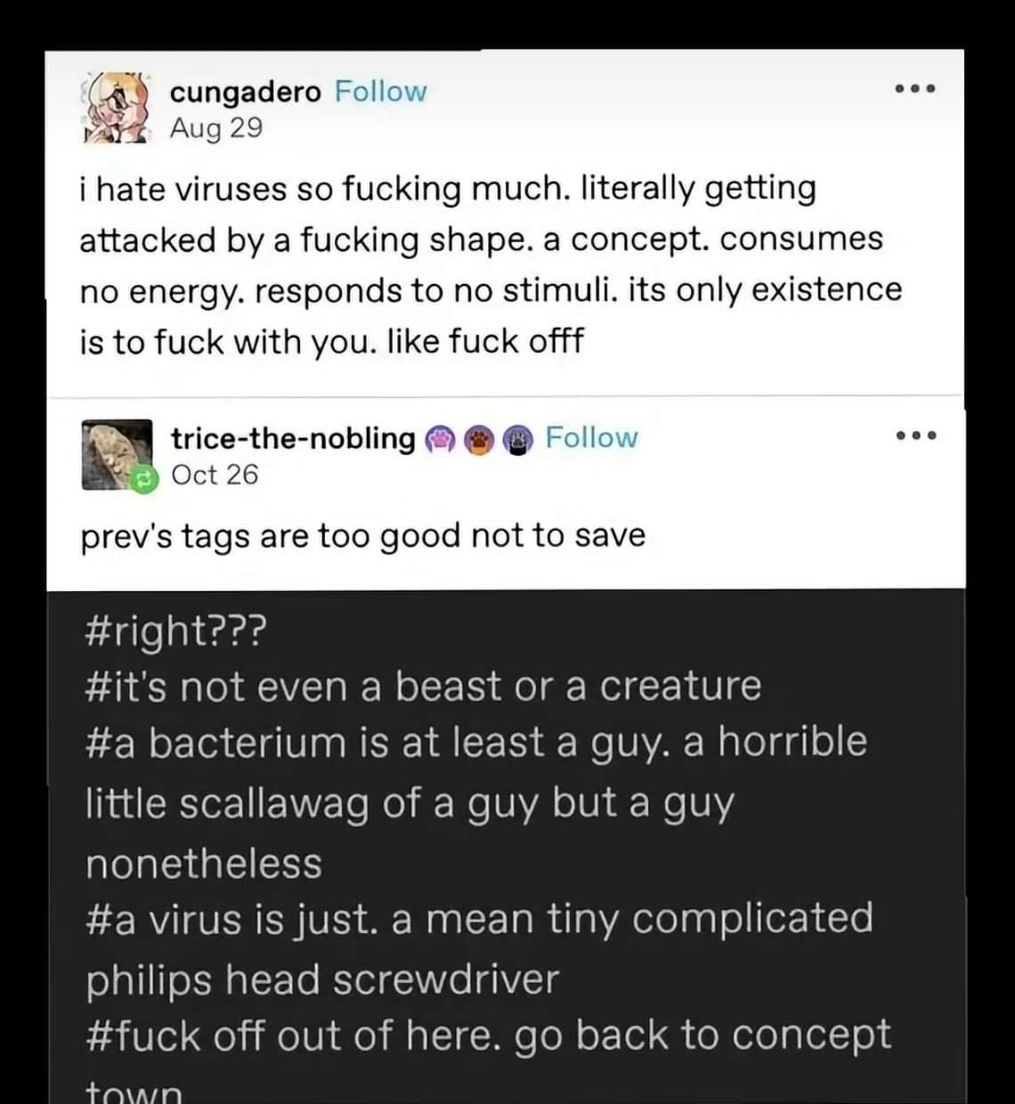 Tumblr screenshot ranting about biological viruses being offensive abstract concepts and 'mean tiny screwdrivers' in a meme dump.