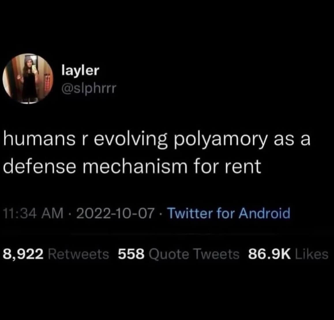 Text tweet theorizing polyamory is evolving as an economic coping strategy to survive high rent prices in a meme dump.