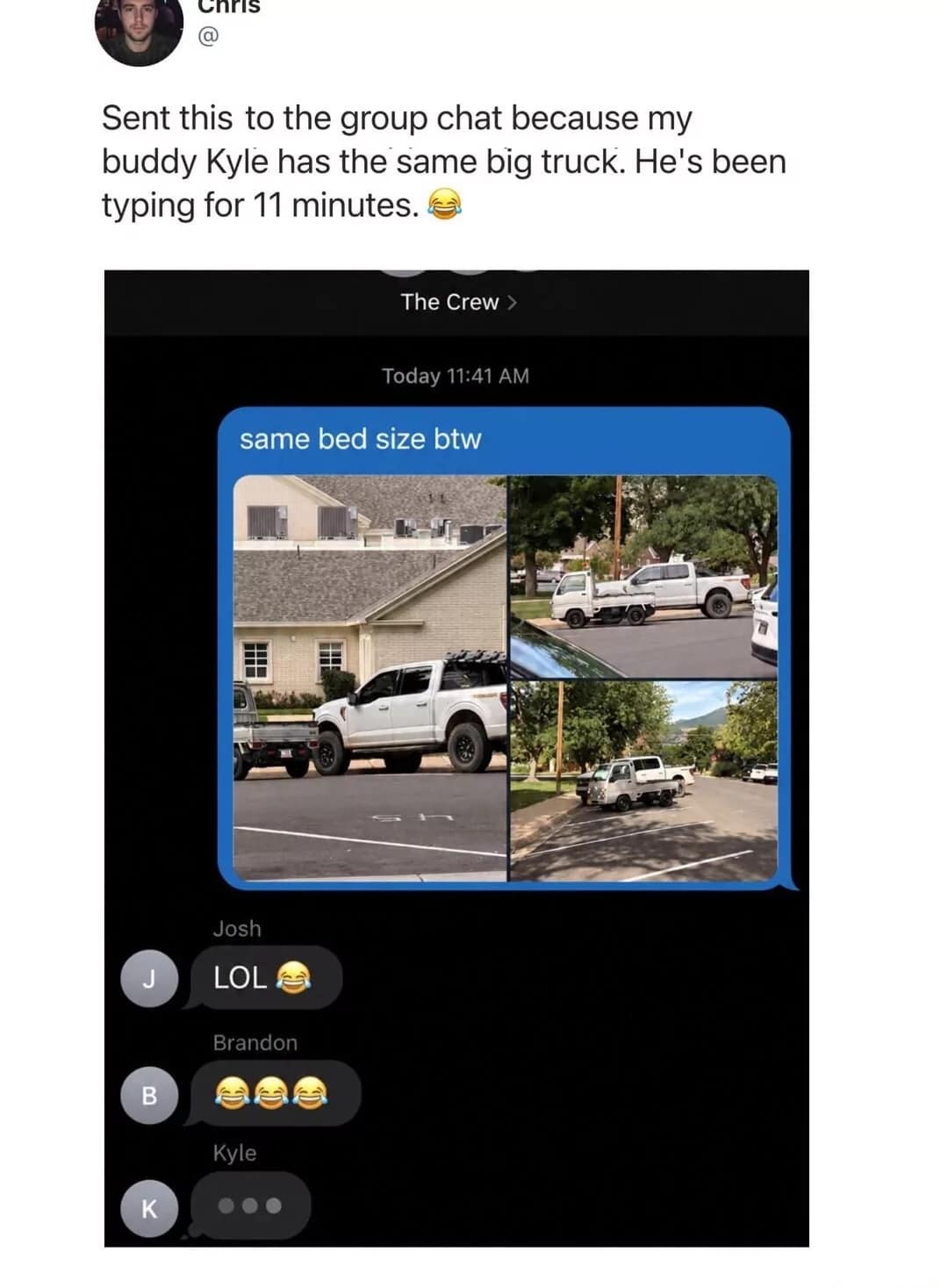 iMessage group chat screenshot comparing a massive Ford pickup to a tiny Japanese kei truck with identical bed lengths, leaving a friend typing for 11 minutes.
