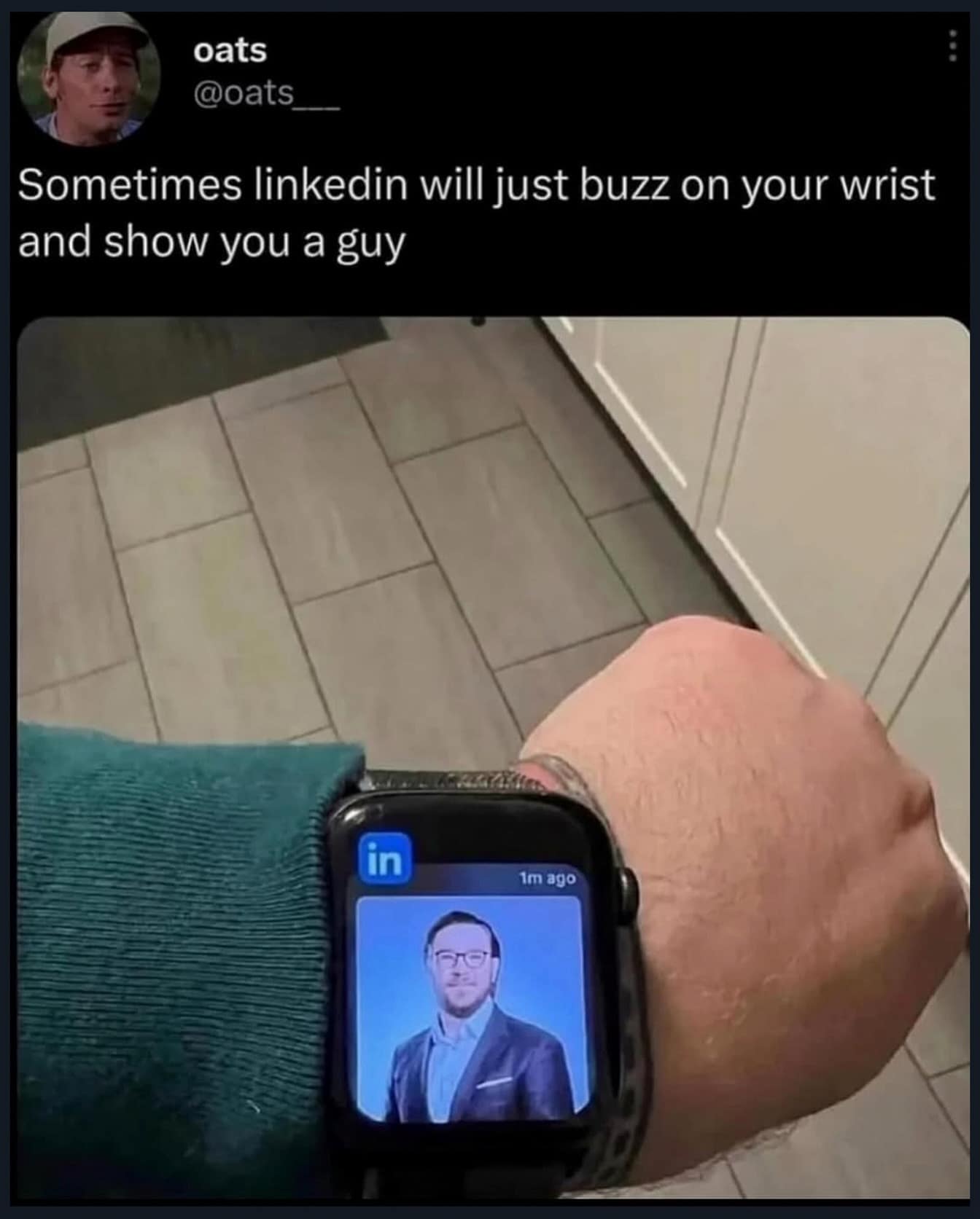Smartwatch screen displaying an unsolicited LinkedIn notification featuring a corporate headshot of a random professional as a funny meme.