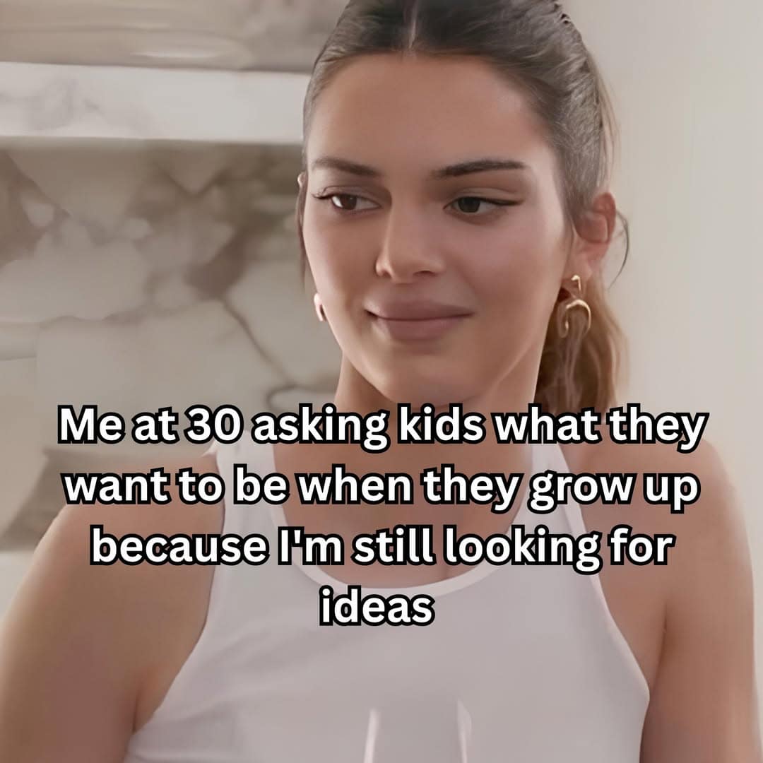 Close-up of Kendall Jenner making a pensive face, captioned about asking young kids what they want to be when they grow up to steal career ideas in a meme dump.